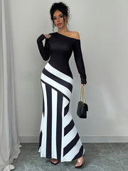 Elegant Women's Off-Shoulder Striped Maxi Dress - Chic Black & White Design with Ruffled Hem, Long Sleeves, Machine Washable, Polyester Blend