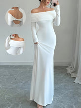 1pc Elegant White Polyester Bodycon Maxi Dress, Long Sleeve Off-Shoulder Backless Ribbed Knit Twist Fish Tail Hem, All-Season Solid Color Dress for Adults