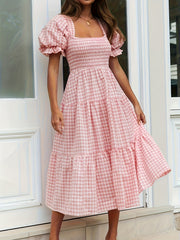 Square Neck Plaid Dress - Women's Lantern Sleeve Pleated Dress