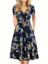 Tropical Leaf Print V-Neck Dress Navy Blue Tropical Leaf Print V-Neck Short Sleeve Midi Dress - Fitted Bodice, Flared Skirt, Polyester Blend, with Belt and Pockets, Perfect for Spring/Summer Casual or Tea Church Outfits