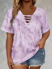 Women'S Plus Size Tie Dye Print Short Sleeve T-Shirt, Casual Loose Fit Tee with Lace-Up Drape Neck, Polyester 95% Spandex 5% Knit Fabric, Medium Stretch, Spring/Summer Pullovers, 175g/m² - Purple