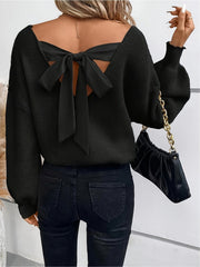 Women'S Elegant V-Neck Knit Sweater with Back Bow Detail, 100% Polyester Solid Color Pullover, All-Season Lightweight Knitwear