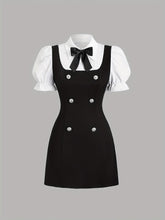Patchwork Bow Elegant Dress Elegant Patchwork Polyester Dress with Bow Detail, Double-Breasted Faux Two-Piece Fitted Dress for Adults, Woven All-Season Dress