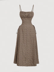 Vintage Beige Plaid Midi Dress for Women with Front Right Side Ruched Tie Detail - Sleeveless, Polyester, Machine Washable - Ideal for Spring/Summer/Fall