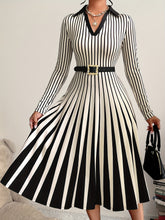 1pc Women'S Elegant Striped Collar Long Sleeve Midi Dress, Polyester Knit Fabric, Regular Fit, Autumn Season, Casual Chic for Daily Wear