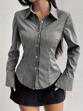 Long Sleeve Shirt for Women Elegant Striped Long Sleeve Shirt for Women - Slim Fit, Polyester, Machine Washable - Perfect for Spring/Fall