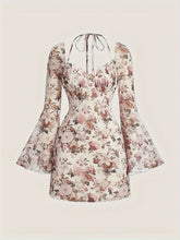 High Stretch Halter Neck Dress Elegant Floral Halter Neck Dress with Bell Sleeves - High Stretch, Machine Washable - Perfect for Spring/Summer/Fall, Long Sleeve