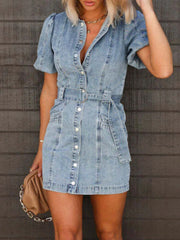 Button-Up Puff Sleeve Denim Shirt Dress
