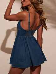 Smocked Back Adjustable Strap Denim Mini Dress