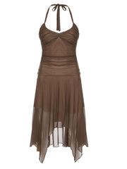 Vintage Brown Halter Neck Mesh Dress