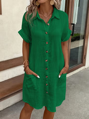 Women's 100% V-Neck Blouse Dress - Light Blue, Casual, Short Sleeves, Button Details, Machine Washable, All-Season Comfort