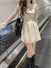 New Gentle Style A-Line Skirt Korean Milk Apricot Waist A-Line Short Skirt Female Early Autumn New Gentle Style Temperament Hot Lace Long Sleeve Dress