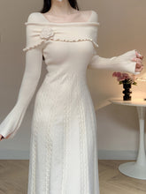 Long Sleeve 3D Floral Off-Shoulder Knit Dress - Solid Color, Regular Fit, A-Line, Winter Fashion, Sweater Knit Fabric