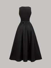 1pc Elegant Sleeveless A-Line Dress for Women, Solid Color Polyester Knit with Belt, Round Neck, Loose Fit - All Seasons Fashion