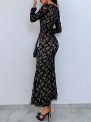 Elegant Long Sleeve Floral Lace Bodycon Dress - Square Neck, Women's Clothing for Club & Party