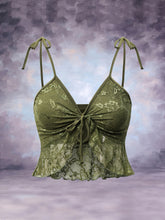 Sleeveless Knot Front Peplum Camisole Guipure Lace Tie Shoulder Top, Sexy Sleeveless Knot Front Peplum Hem Camisole For Vacation & Weekend, Women's Clothing