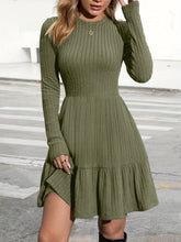 Long Sleeve Ruffle Hem Ribbed A-line Dress, Casual Crew Neck Solid Color Dress For Spring & Fall, Women's Clothing