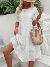 Solid Color Embroidered Lace Dress - Hollow Out Design, Elegant for Casual Wear