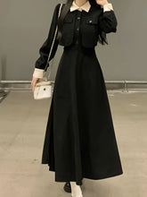 Elegant Black Midi Dress with Button Detail - Long Sleeve, Collared, Non-Stretch Viscose - Perfect for Spring & Fall, Machine Washable, for Autumn, Spring