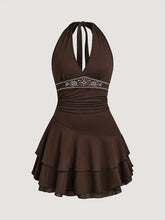 Elegant Brown Halter Neck Dress for Women - Polyester, Machine Washable, Deep V-Neck, Floral Detail, Double-Layer Ruffled Skirt | Perfect for Summer