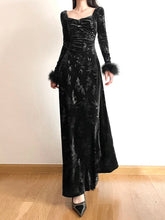 Elegant Black Velour Faux Fur Jacquard Dress