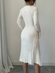 Long Sleeve Ribbed Knit Sweater Elegant Solid Color Ribbed Knit Sweater Dress for Women - Crew Neck, Long Sleeve, Pleated Design, Perfect for Fall & Winter