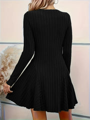 Elegant Black V-Neck Knit Dress - Chic Long Sleeve A-Line Mini with Ruffle Detail, Polyester & Elastane Blend, Machine Washable - Perfect for Fall