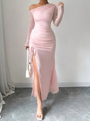 Elegant Asymmetrical Neck 1pc Long Sleeve Dress - Fitted Polyester Knit Fabric, Side Slit, All Seasons for Adults