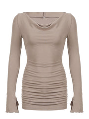 Khaki Hooded Bodycon Folds Long Sleeve Dress
