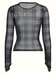 Stretchy Polyester Blend Crew Neck Long Sleeve Top - Elegant Striped Sheer Mesh - Machine Washable Women's Fashion