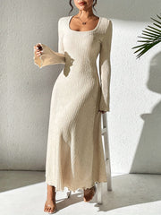 Autumn/Winter Fashion Women's A-Line Ribbed Knit Dress, V-Neck, Ruffled Hem, Solid Color, Polyester, Adult Size, 99080719