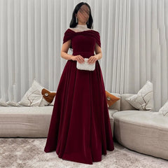 Velvet Evening Gown 2025 Off Shoulder Prom Dress Pleated Pearl High Neck Mesh Panel Long Formal Party Dress Customized