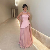 Strapless Satin Pink A Line Evening Dress 2025 Saudi Arabic Formal Gown Cape Prom Dress Wedding Party Gown Customized