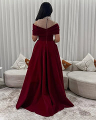Velvet Evening Gown 2025 Off Shoulder Prom Dress Pleated Pearl High Neck Mesh Panel Long Formal Party Dress Customized
