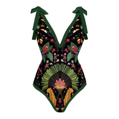 Vintage Print Deep V One Piece Swimsuit Set Two Pieces Women's Cover Up Surf Wear Thong Underwear Bra
