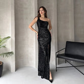 One Shoulder Sequined Prom Dress Black Slit Formal Evening Gown Sexy Party Dress Long Celebrity Dress Women Customizd