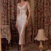 Lace Long Dress With Detachable Garland Elegant Style Backless Sleeveless Bridesmaid Satin Ladies Dress