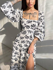 Floral Print Backless Midi Dress Women Sleeve Lantern Sleeve High Split Lady Elegant Square Collar Casual Long Dress