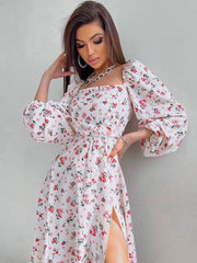 Floral Print Backless Midi Dress Women Sleeve Lantern Sleeve High Split Lady Elegant Square Collar Casual Long Dress