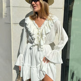 Deep V Neck Folds Dress Women Fashion Ruffle White Loose Long Sleeve Dresses Femme Street Casual Elegant Mini Dress Woman