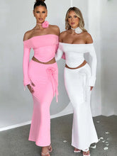 Elegant Halter 3D Flower Two Piece Sets Women Fashion Off-shoulder Tops And Maxi Skirt Matching Sets Bodycon Sexy Dress