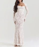 Elegant Lace Print Maxi Dress Set Women Fashion Spaghetti Strap Long Sleeve Bodycon Club Party Sexy Long Dress
