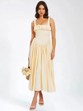 Elegant Satin Backless Midi Dress For Women High Quality Sundress Fashion Square Collar Sleeveless Loose Pleated Dress