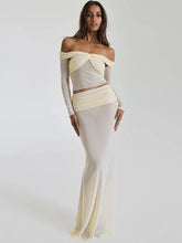 Fashion Skirt Two Piece Set For Women Off-shoulder Sheer Long Sleeve Crop Tops And Long Skirt Sexy Two Piece Sets