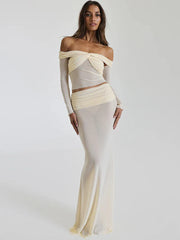 Fashion Skirt Two Piece Set For Women Off-shoulder Sheer Long Sleeve Crop Tops And Long Skirt Sexy Two Piece Sets