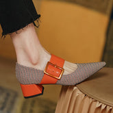 New Spring/Autumn Shoes Women Pointed Toe Chunky Heel Fabric High Heel Pumps Mixed Color Square Button Ladies Shoes