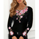 Elegant Blouse for Women Flower Print Mesh Tops Long Sleeve Black O-neck Patchwork Ladies Lace Decor Tee Tops Spring summer Pbong mid size graduation outfit romantic style teen swag clean girl ideas 90s latina aesthetic