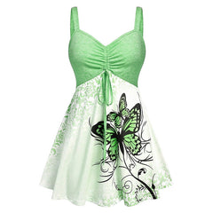 Fashion Ombre Color Butterfly Print Ruched Drawstring pleats Mini Dress Casual Sleeveless V Neck Sling Women Summer Sexy Dress Pbong mid size graduation outfit romantic style teen swag clean girl ideas 90s latina aesthetic