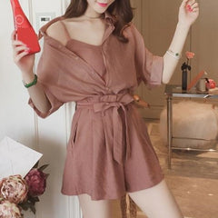 Pbong mid size graduation outfit romantic style teen swag clean girl ideas 90s latina aestheticNew Summer Casual Three Piece Sets Women Turn-down Collar Tops And Vest And Wide Leg Shorts Pants Female Suit Outfits