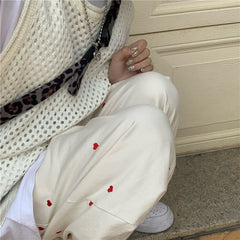 Women's Jeans Streetwear Casual Heart Shaped Embroidery Elastic Waist Vintage Baggy Straight Denim Trouser Mom Wide Leg Pants